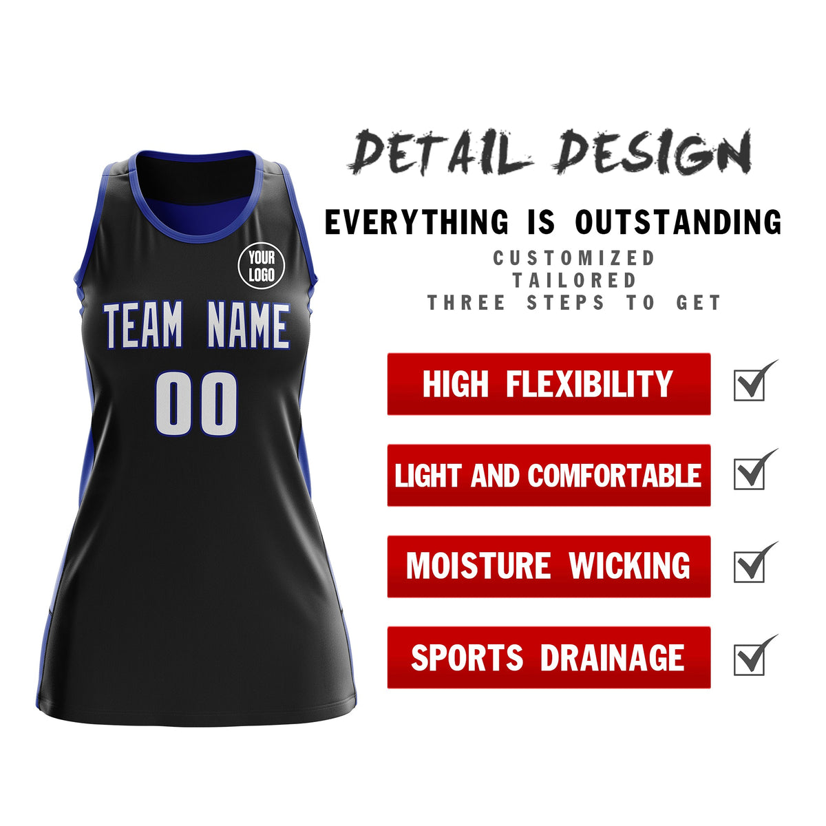 Custom Netball Dress | Black Royal Blue Classic Style Two-Tone Professional Team Uniforms