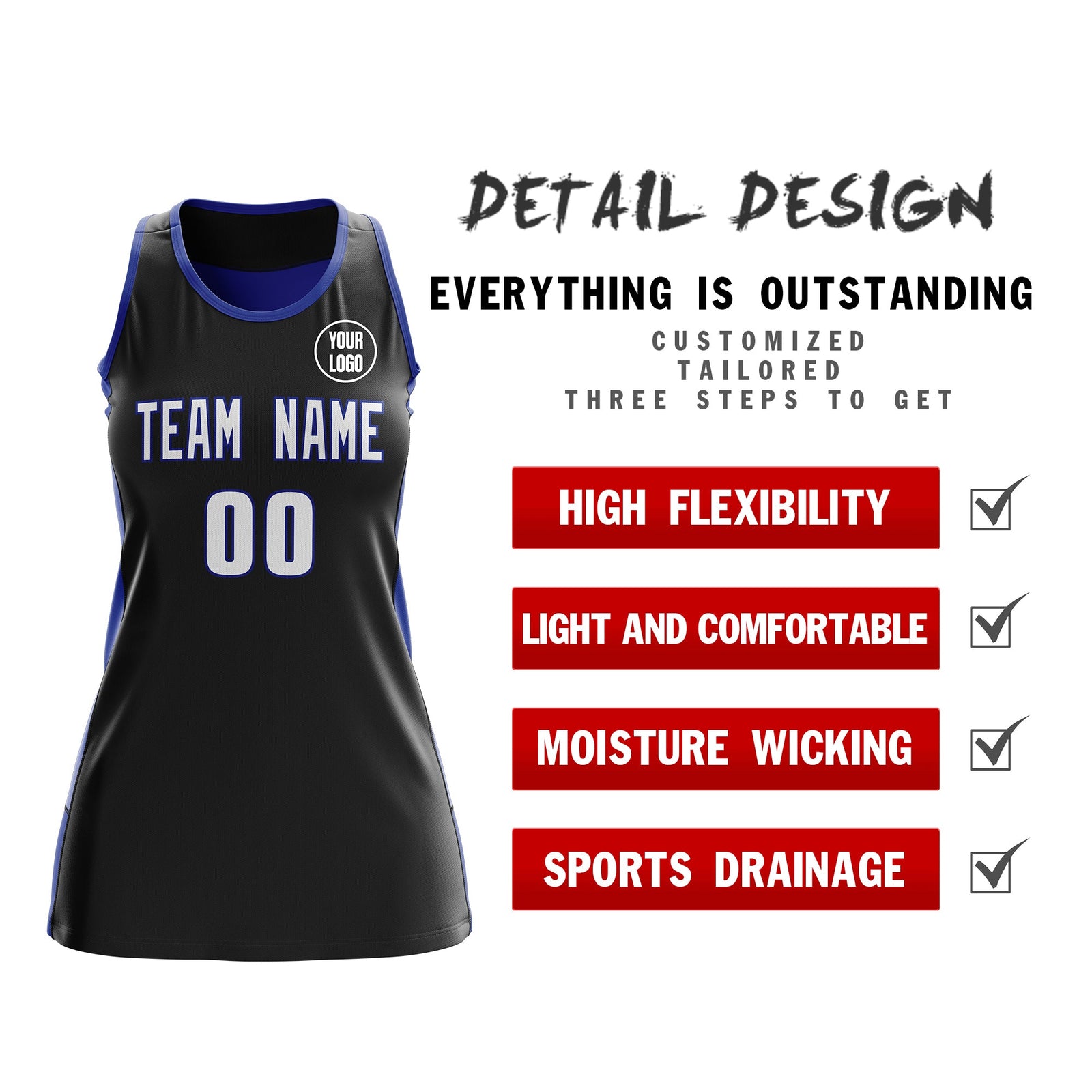 Custom Netball Dress | Black Royal Blue Classic Style Two-Tone Professional Team Uniforms