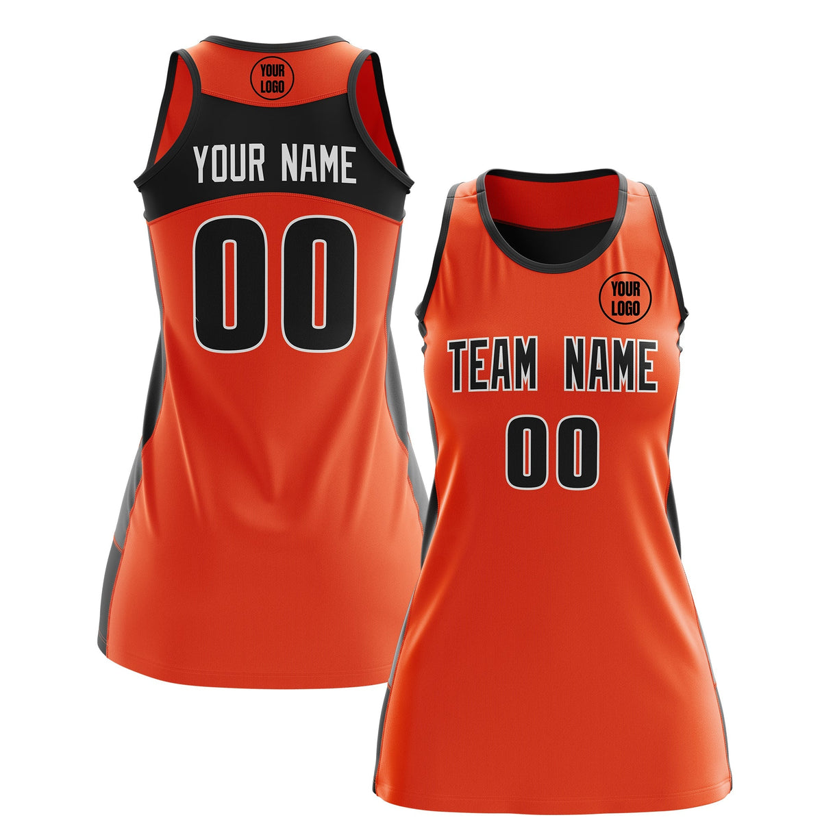 Custom Netball Dress | Orange Black Classic Style Two-Tone Professional Team Uniforms