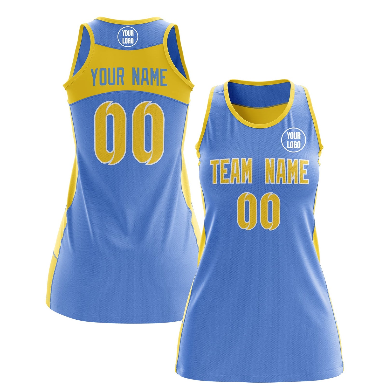 Custom Netball Dress | Powder Blue Gold Classic Style Two-Tone Breathable Performance Sportswear