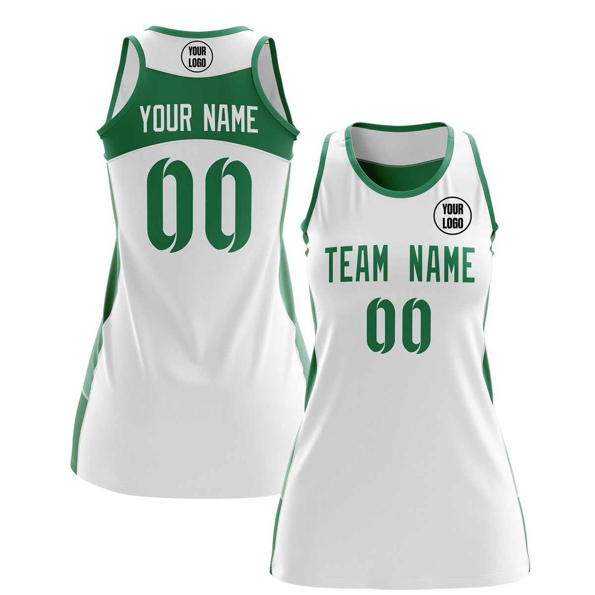 Custom Netball Dress | White Kelly Green Classic Style Two-Tone Professional Team Uniforms