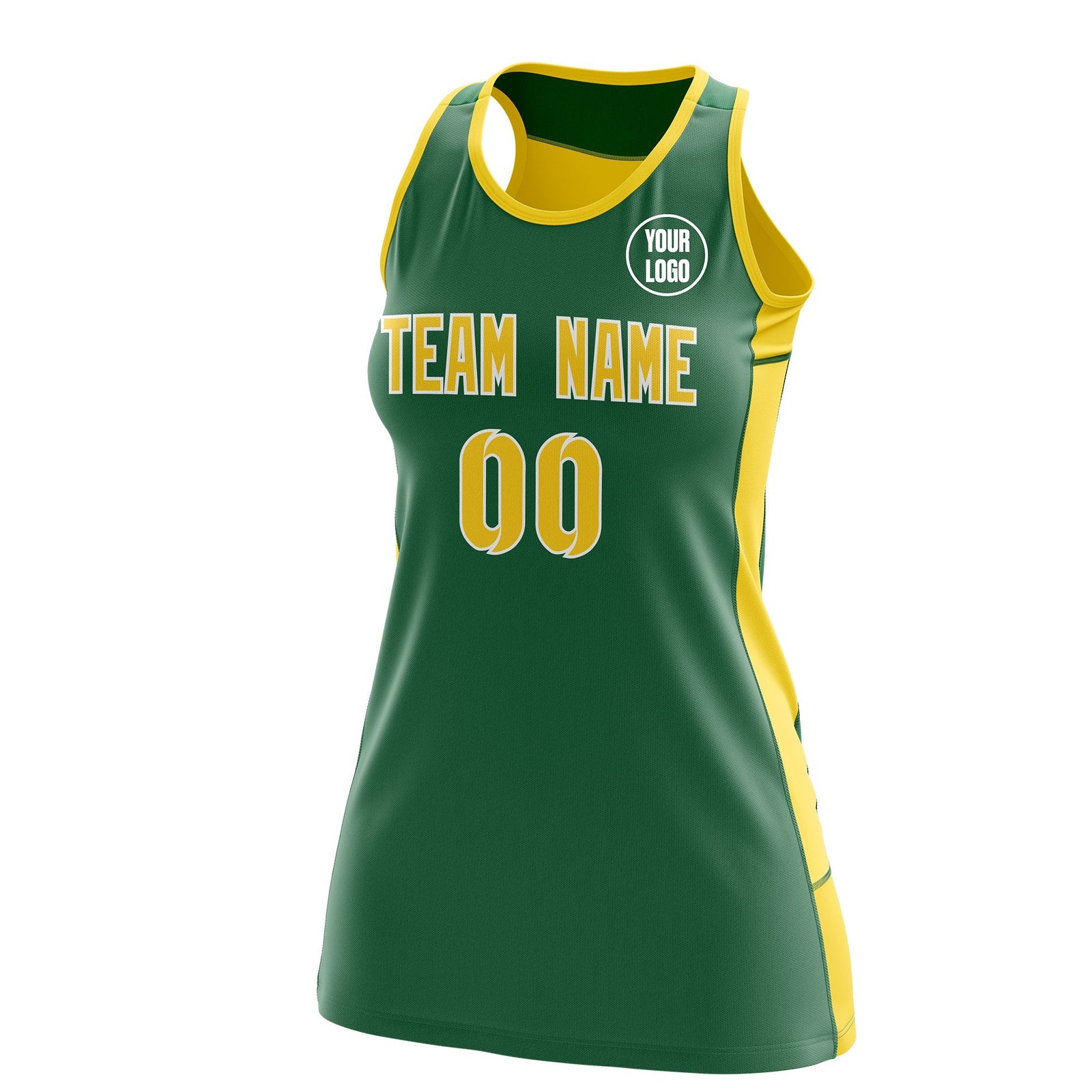 Custom Netball Dress | Kelly Green Gold Classic Style Two-Tone Professional Team Uniforms