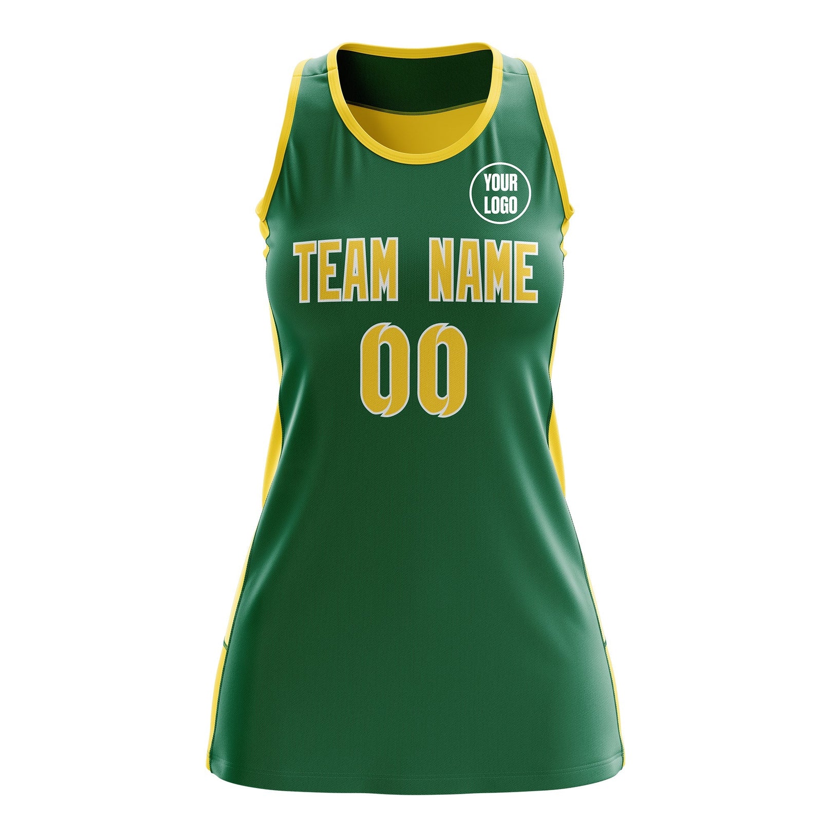 Custom Netball Dress | Kelly Green Gold Classic Style Two-Tone Professional Team Uniforms
