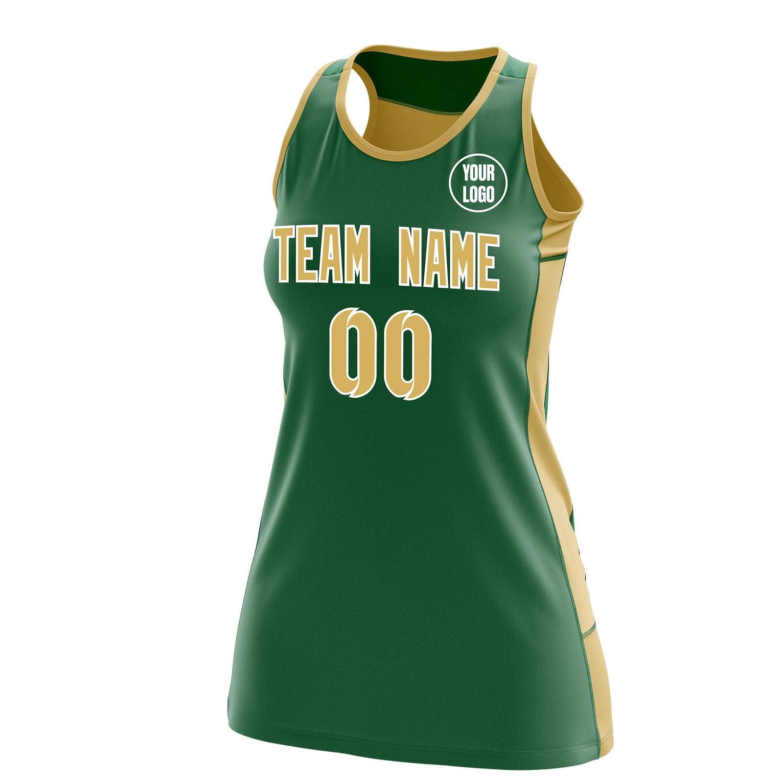 Custom Netball Dress | Kelly Green Old Gold Classic Style Two-Tone Match Day Uniform