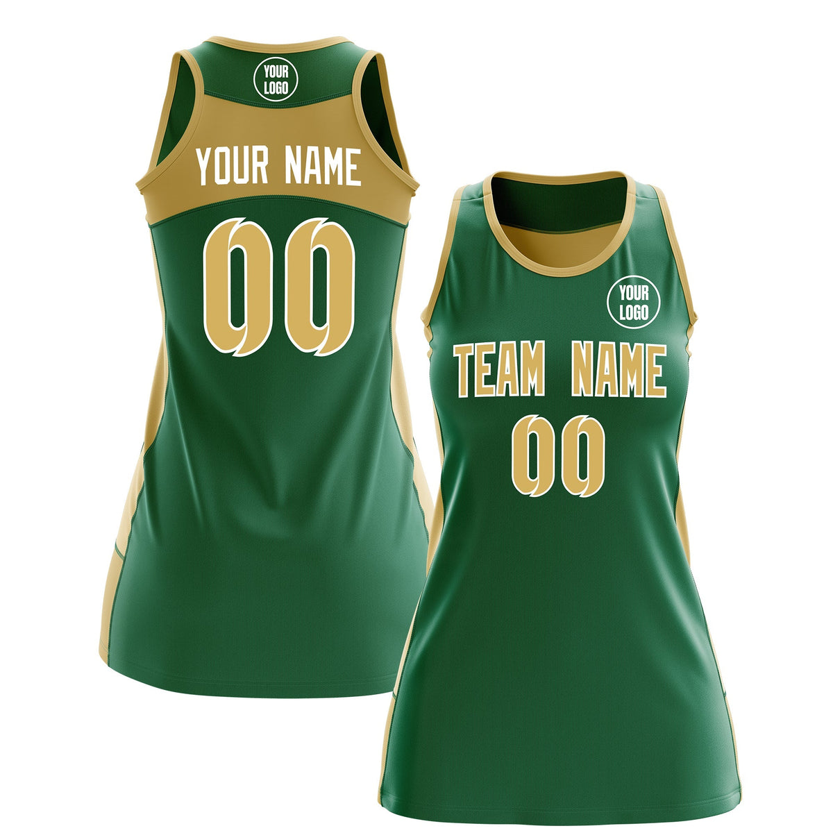 Custom Netball Dress | Kelly Green Old Gold Classic Style Two-Tone Match Day Uniform