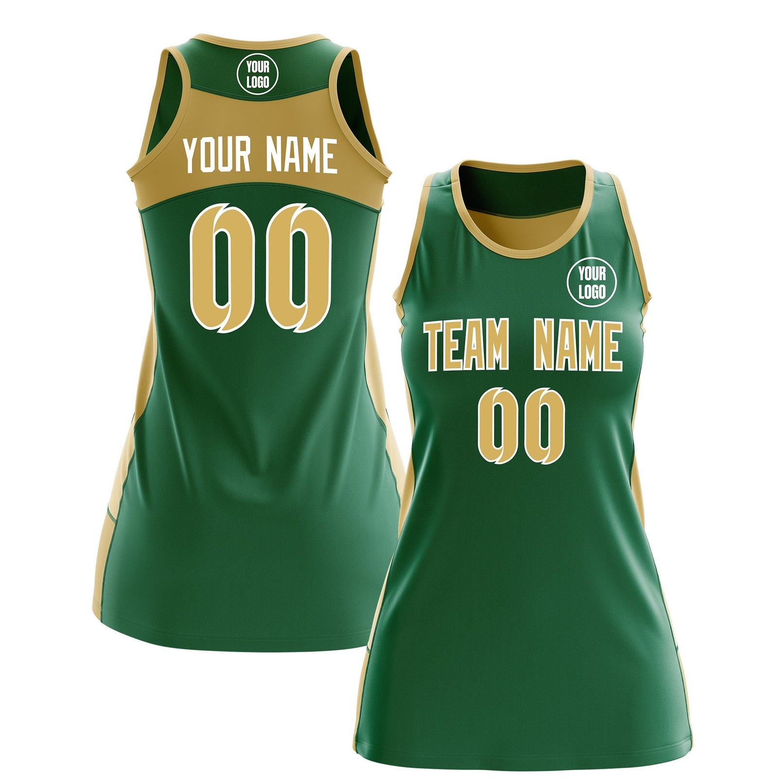 Custom Netball Dress | Kelly Green Old Gold Classic Style Two-Tone Match Day Uniform
