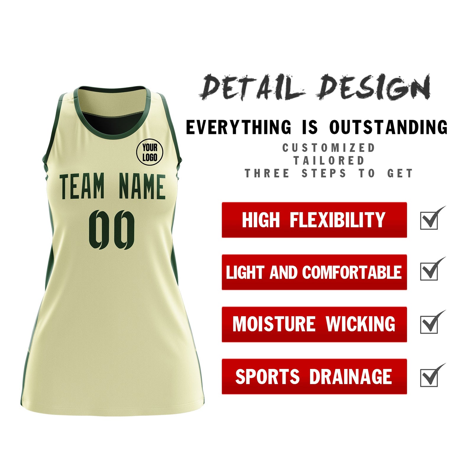 Custom Netball Dress | Cream Green Classic Style Two-Tone Breathable Performance Sportswear