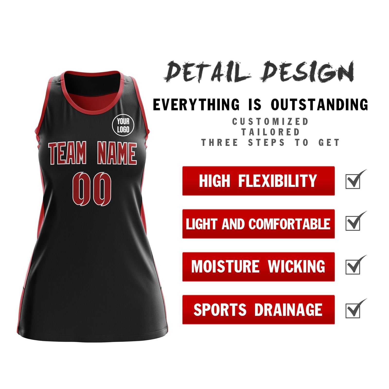 Custom Netball Dress | Black Red Classic Style Two-Tone Breathable Performance Sportswear