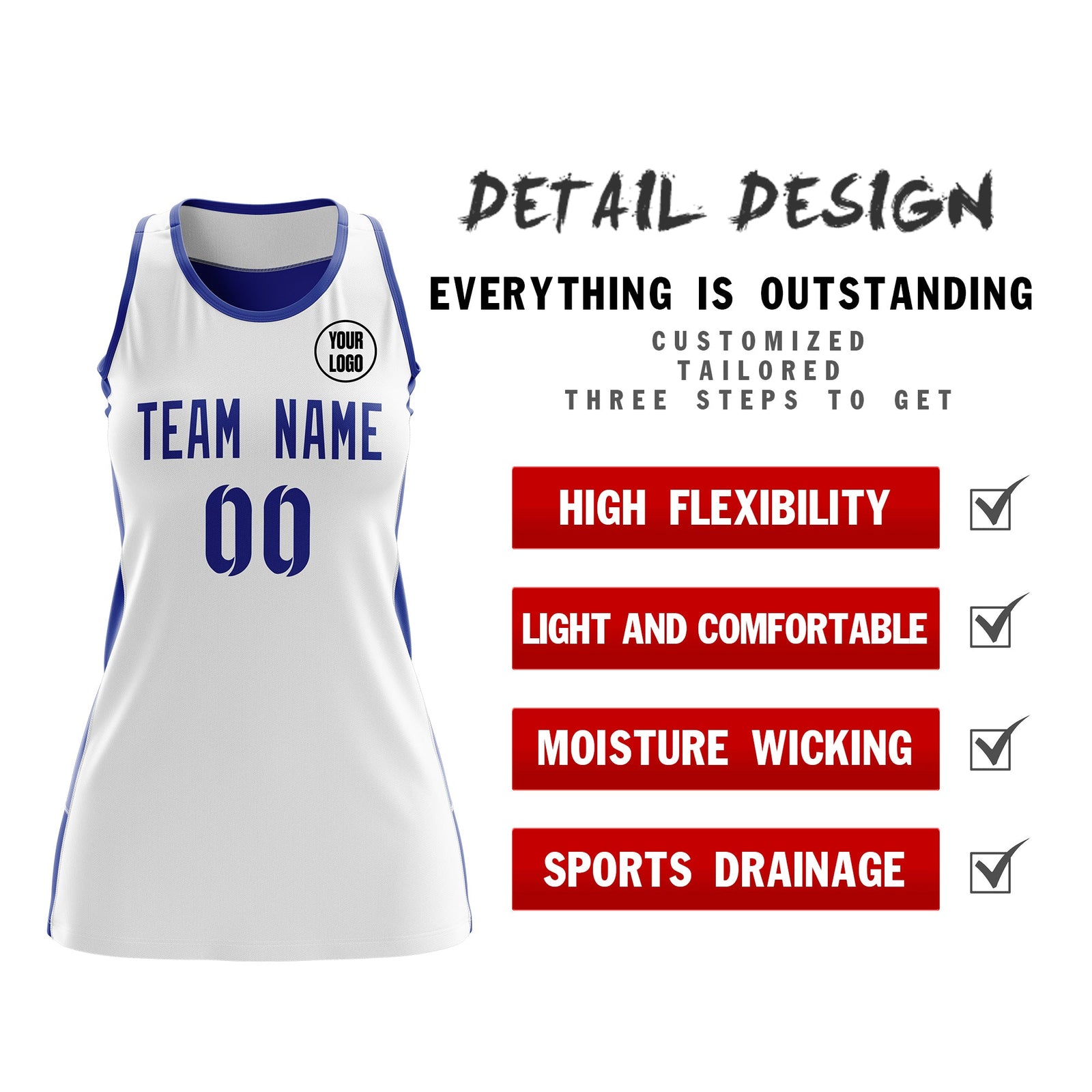 Custom Netball Dress | White Royal Blue Classic Style Two-Tone Match Day Uniform