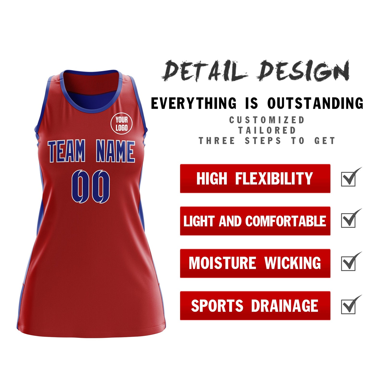 Custom Netball Dress | Red Royal Blue Classic Style Two-Tone Match Day Uniform