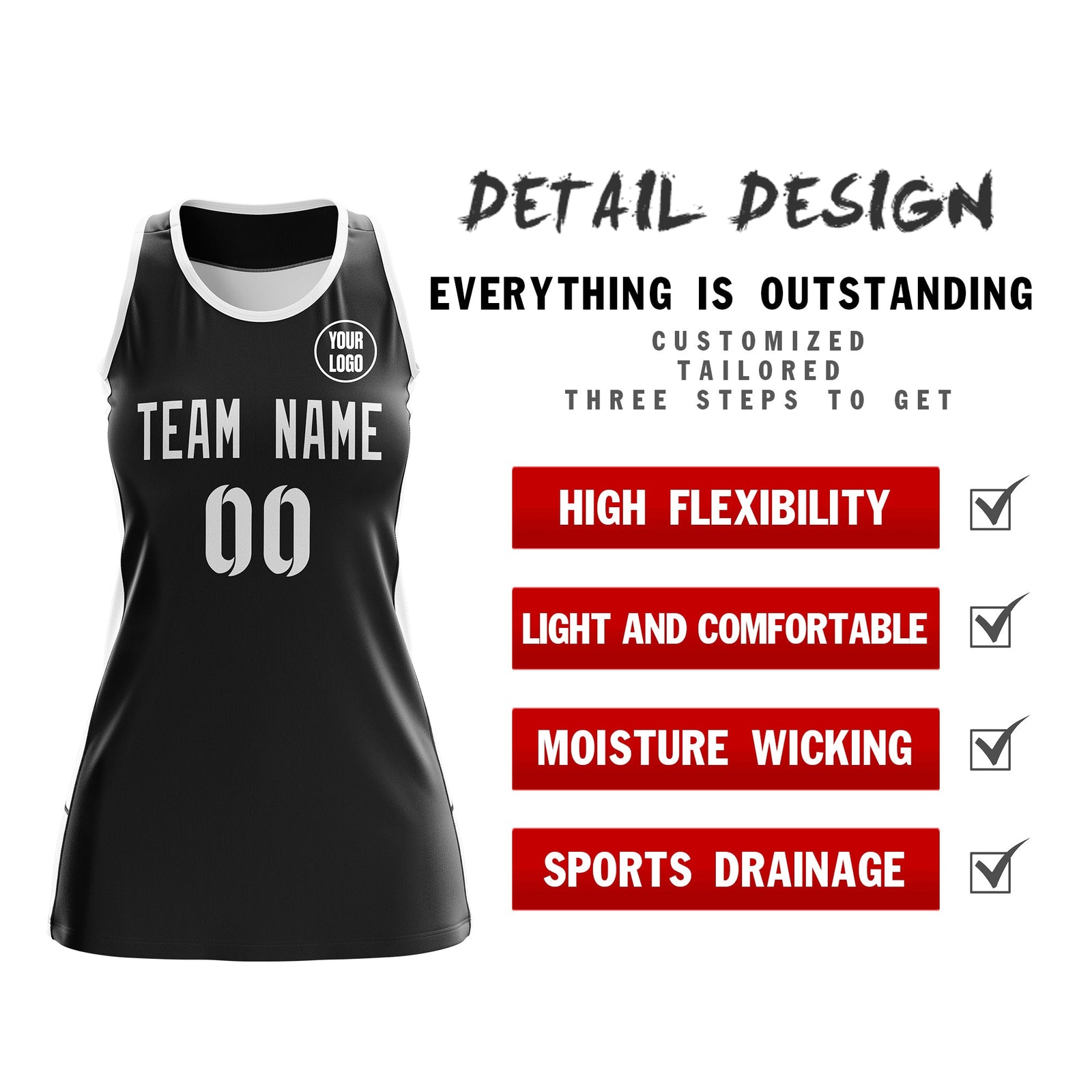 Custom Netball Dress | Black White Classic Style Two-Tone Professional Team Uniforms
