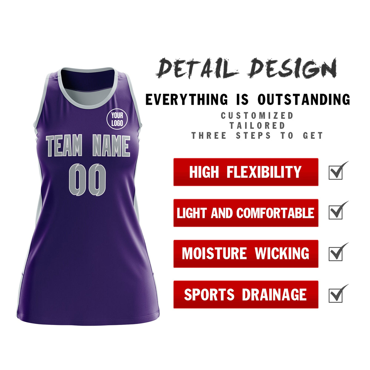 Custom Netball Dress | Purple Silver Classic Style Two-Tone Breathable Performance Sportswear