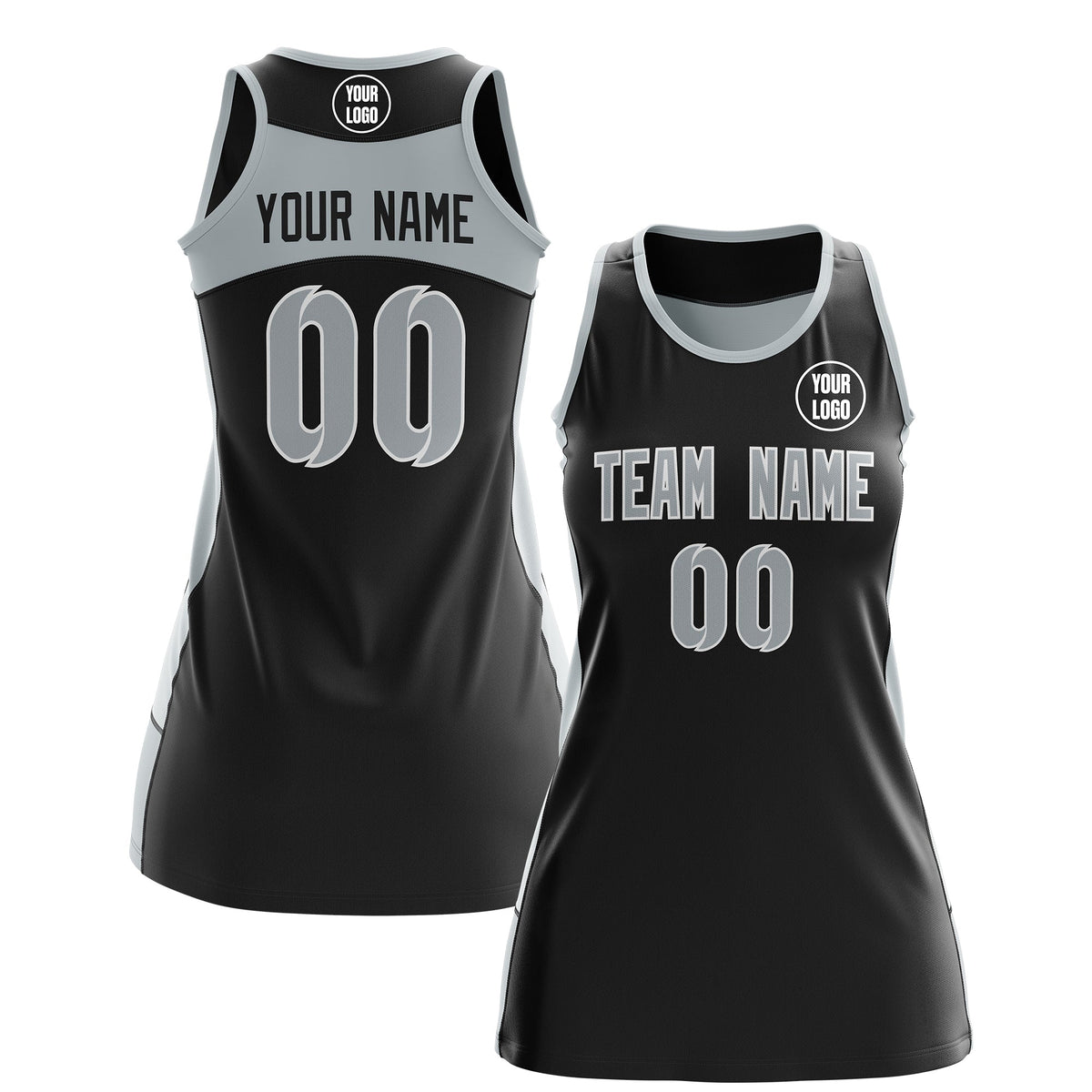 Custom Netball Dress | Black Silver Classic Style Two-Tone Professional Team Uniforms