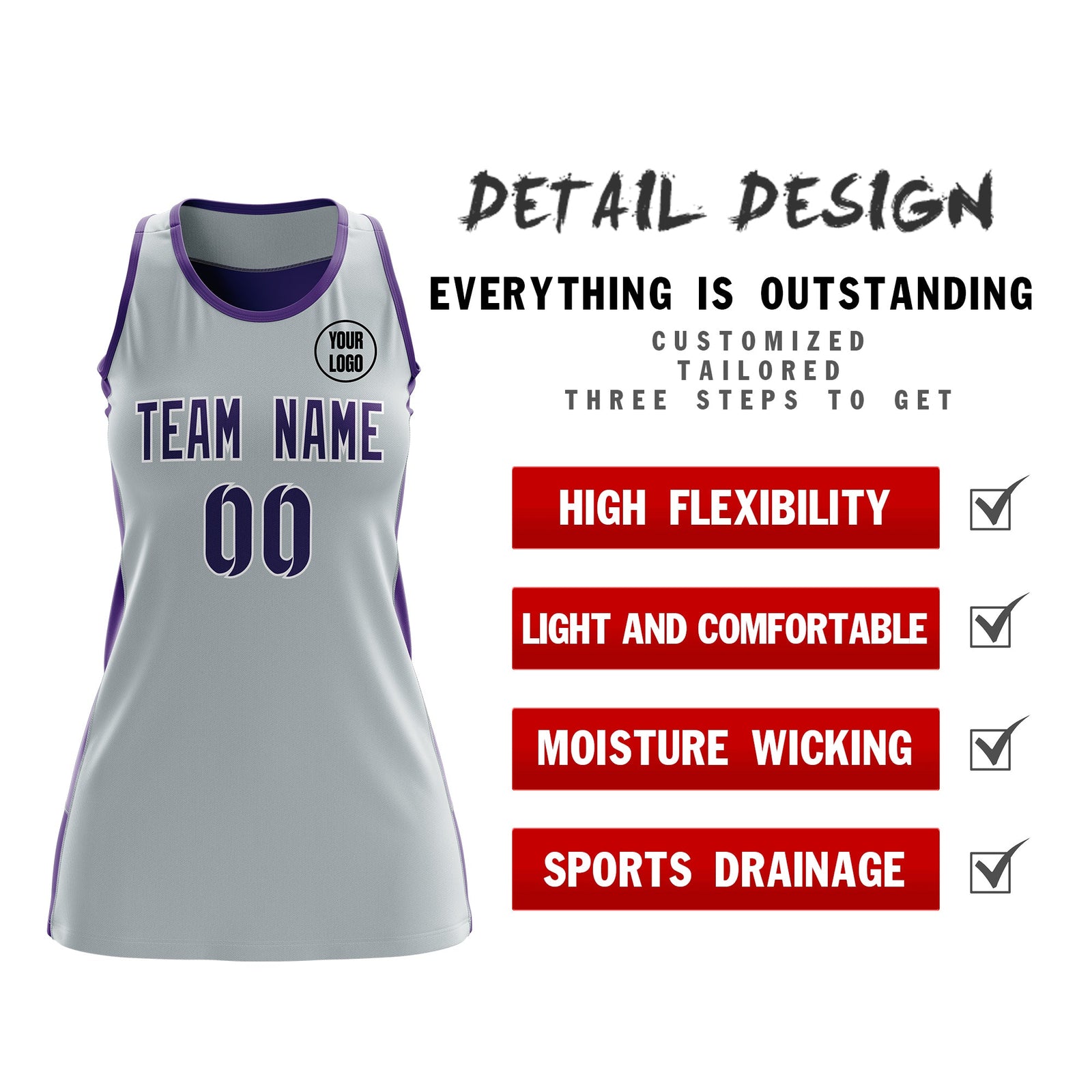 Custom Netball Dress | Silver Purple Classic Style Two-Tone Match Day Uniform