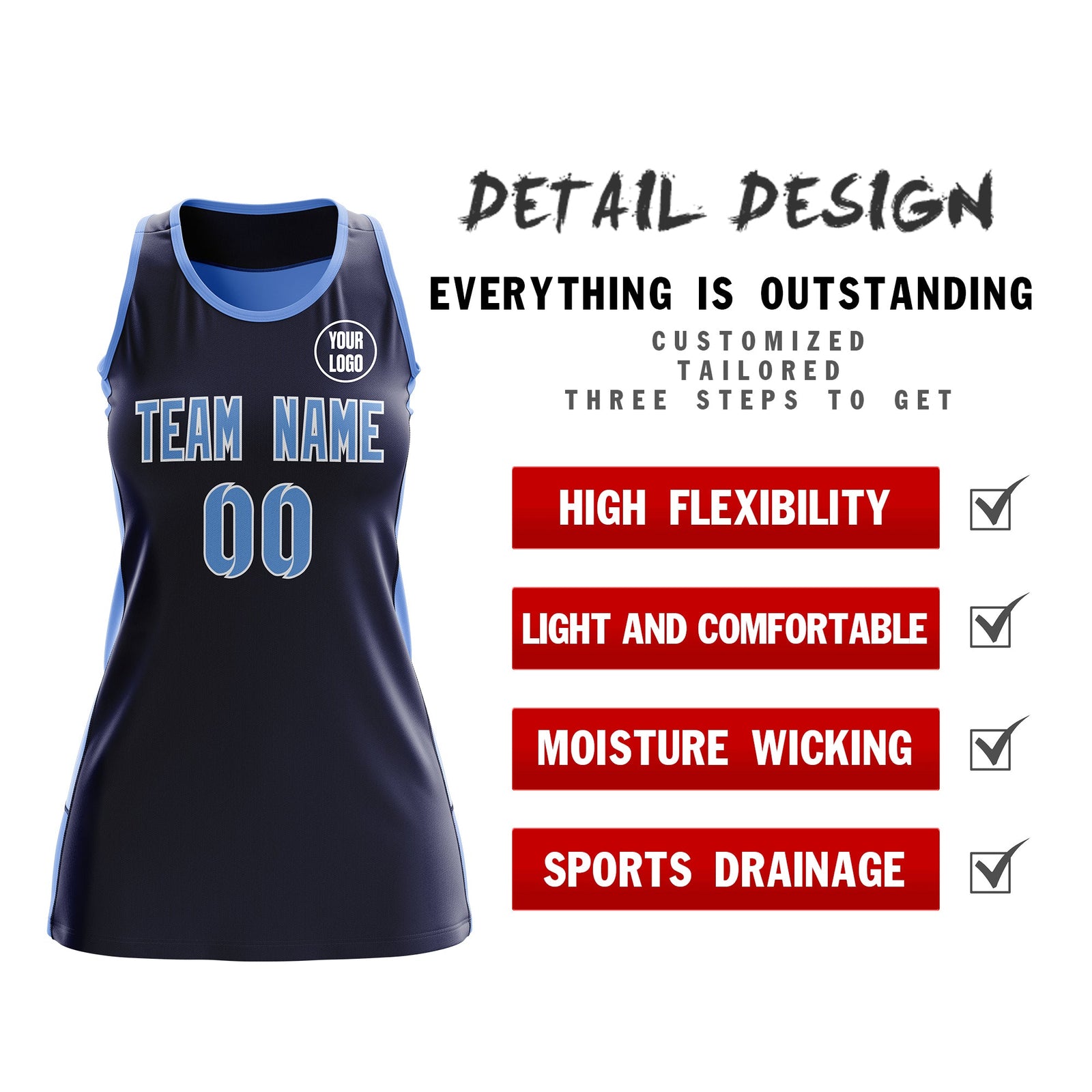 Custom Netball Dress | Navy Powder Blue Classic Style Two-Tone Professional Team Uniforms