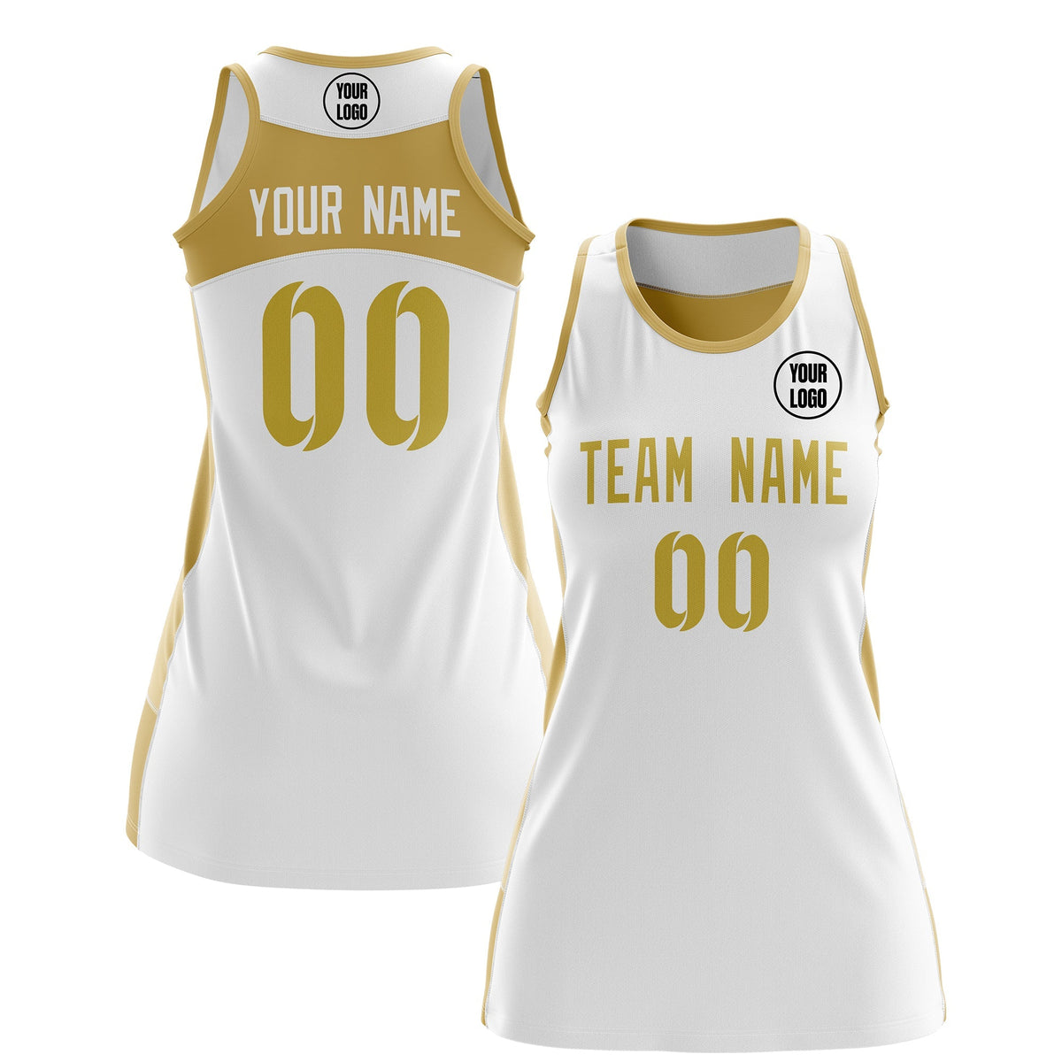 Custom Netball Dress | White Old Gold Classic Style Two-Tone Breathable Performance Sportswear