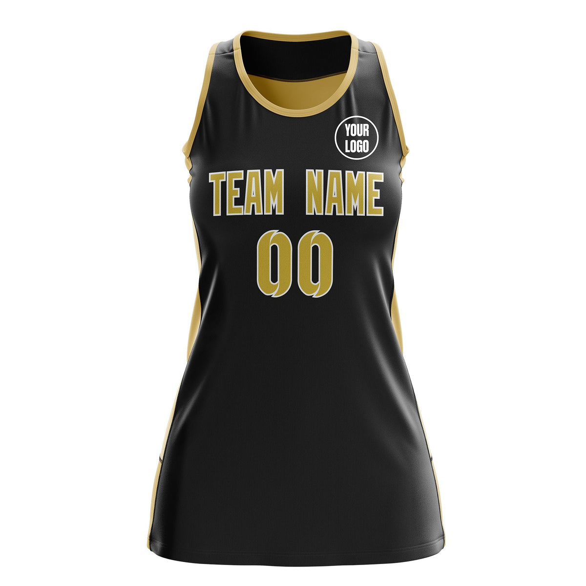 Custom Netball Dress | Black Old Gold Classic Style Two-Tone Professional Team Uniforms