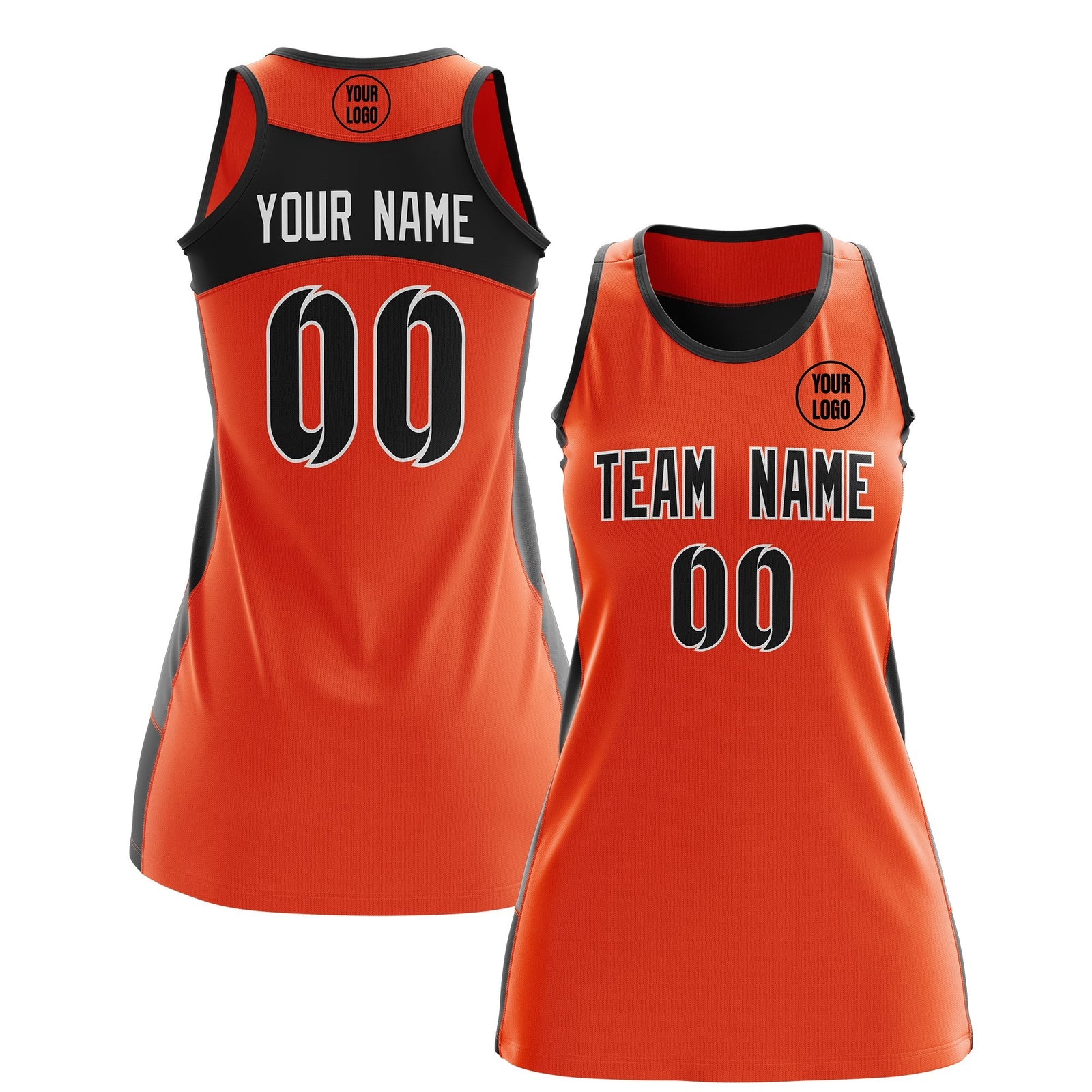 Custom Netball Dress | Orange Black Classic Style Two-Tone Professional Team Uniforms