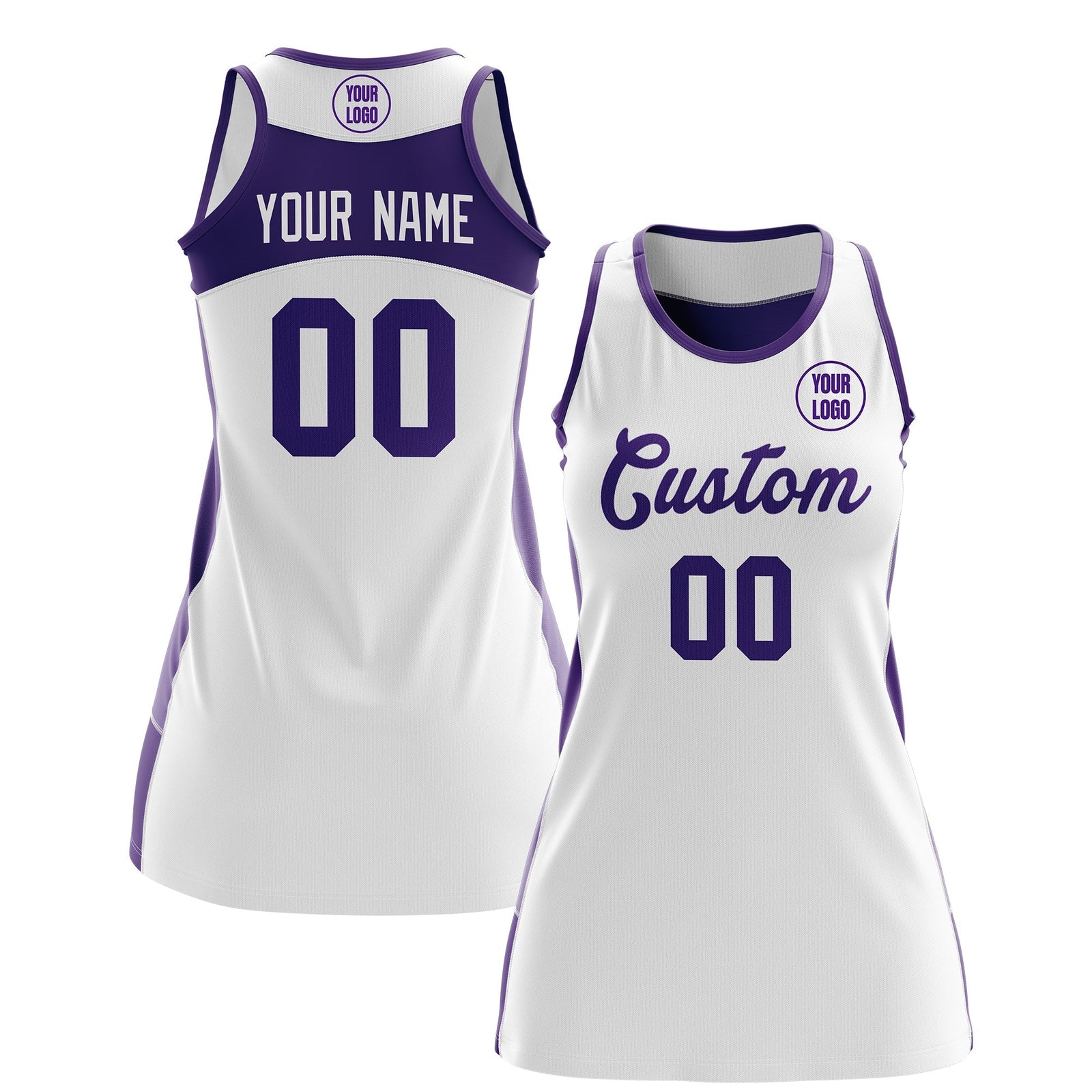 Custom Netball Dress | White Purple Classic Style Two-Tone Breathable Performance Sportswear