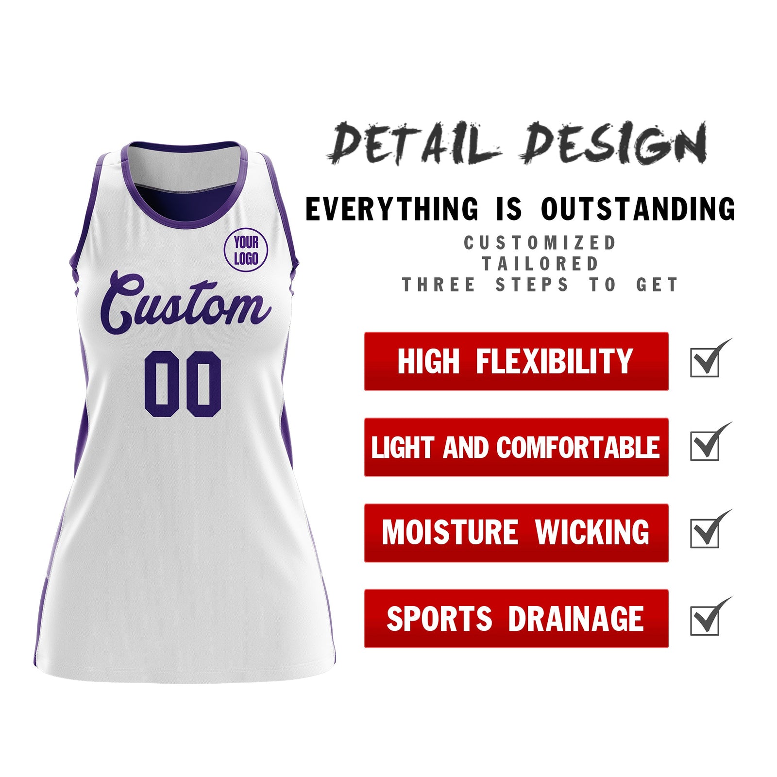 Custom Netball Dress | White Purple Classic Style Two-Tone Breathable Performance Sportswear