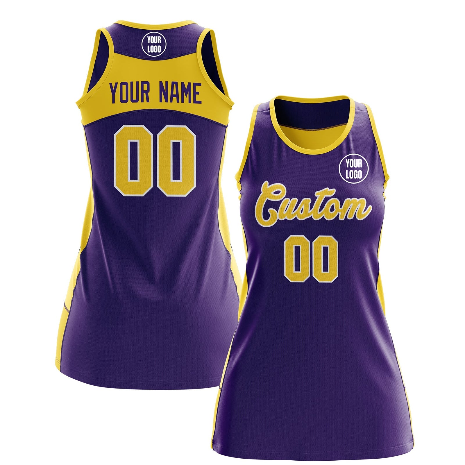 Custom Netball Dress | Purple Gold Classic Style Two-Tone Professional Team Uniforms