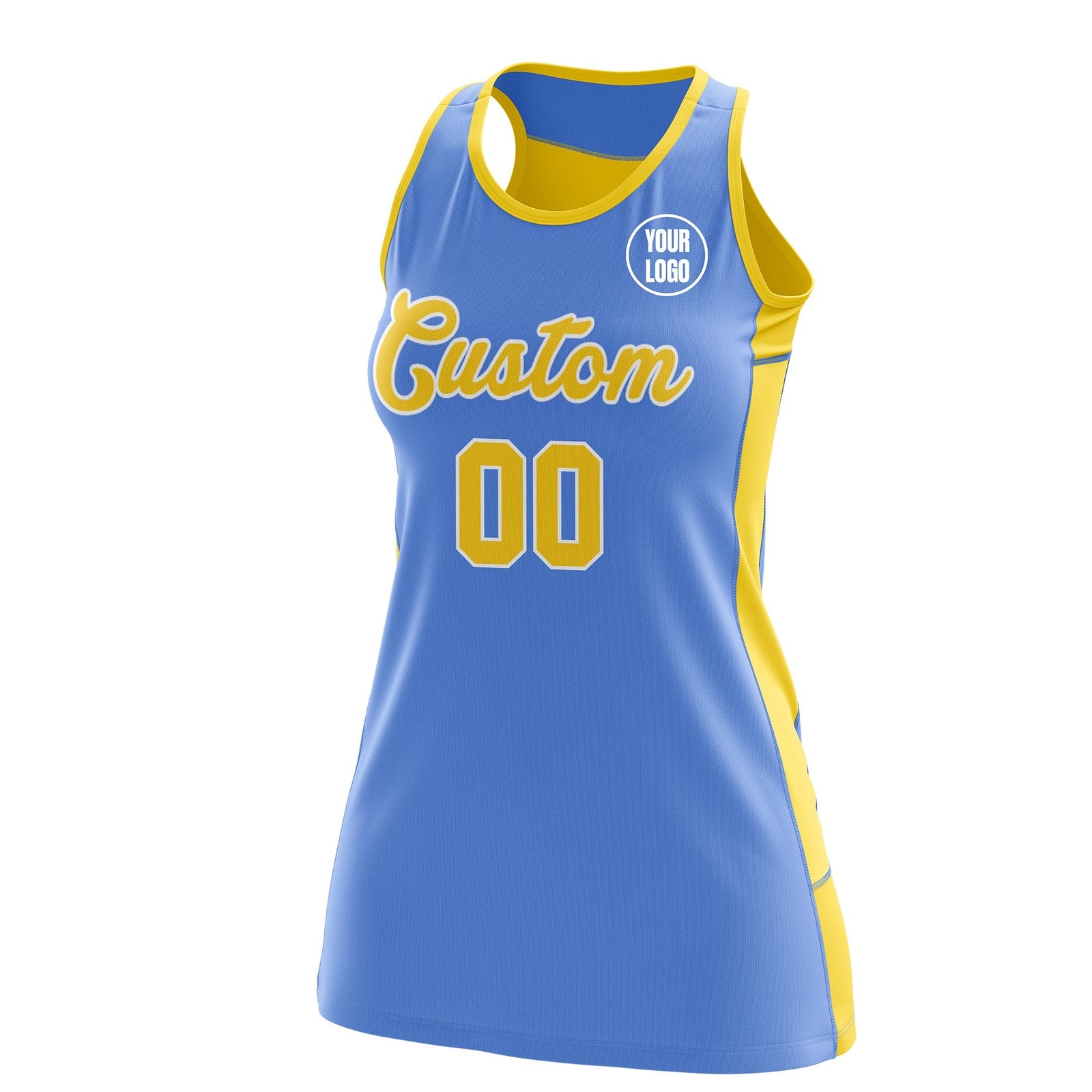 Custom Netball Dress | Powder Blue Gold Classic Style Two-Tone Breathable Performance Sportswear