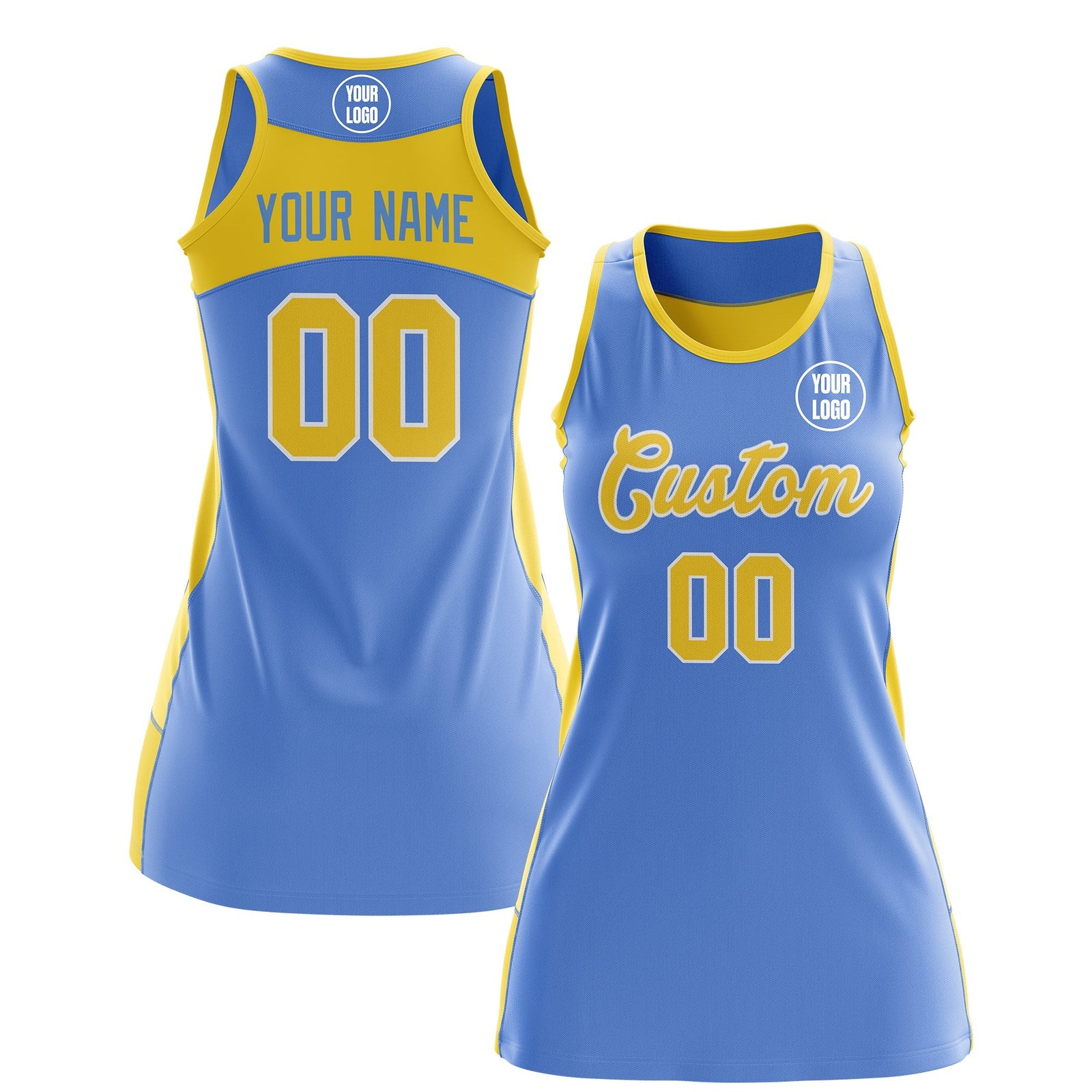Custom Netball Dress | Powder Blue Gold Classic Style Two-Tone Breathable Performance Sportswear