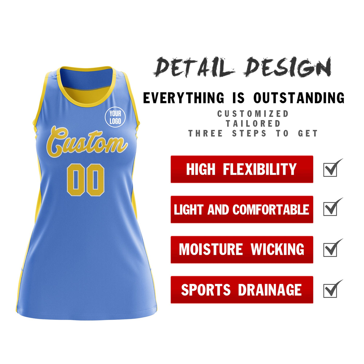 Custom Netball Dress | Powder Blue Gold Classic Style Two-Tone Breathable Performance Sportswear