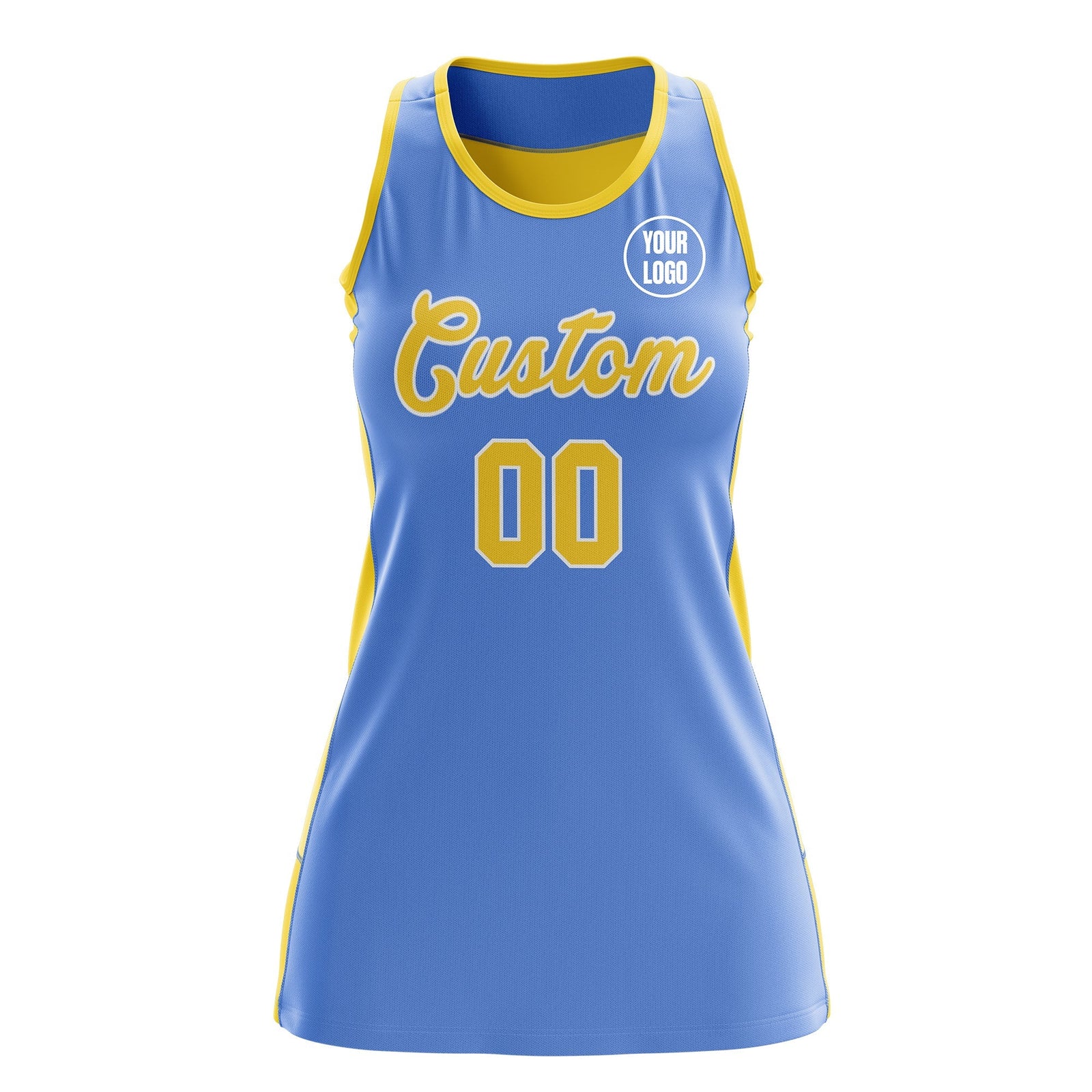 Custom Netball Dress | Powder Blue Gold Classic Style Two-Tone Breathable Performance Sportswear