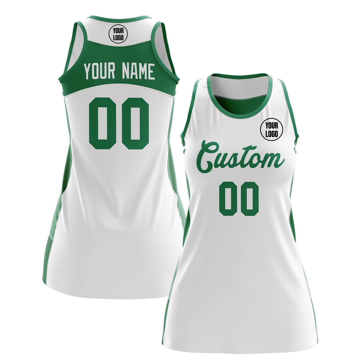 Custom Netball Dress | White Kelly Green Classic Style Two-Tone Professional Team Uniforms