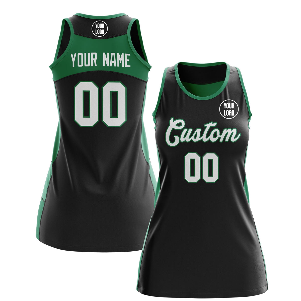 Custom Netball Dress | Black Kelly Green Classic Style Two-Tone Match Day Uniform