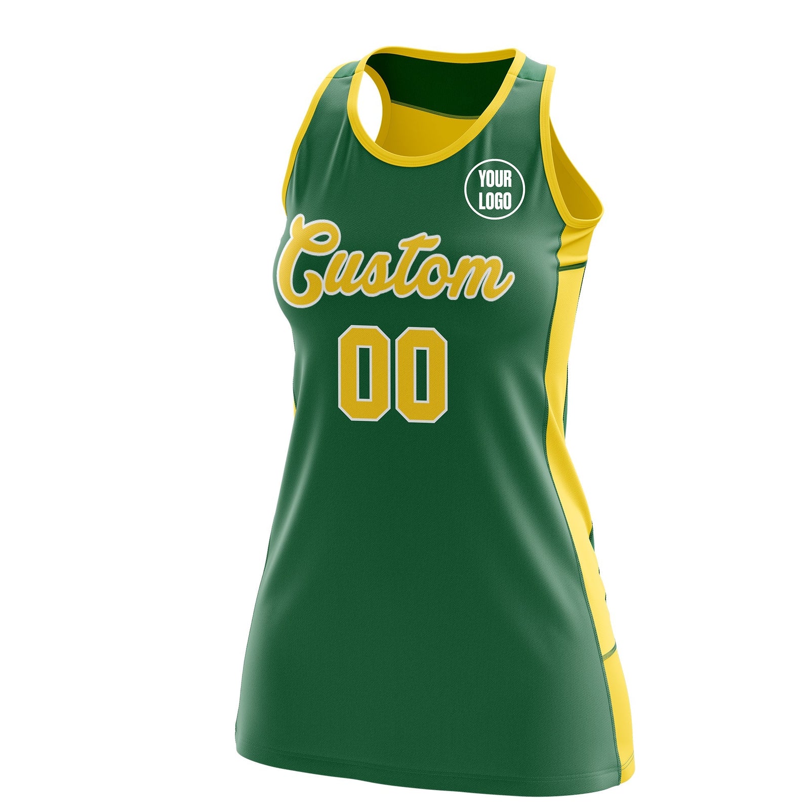 Custom Netball Dress | Kelly Green Gold Classic Style Two-Tone Professional Team Uniforms