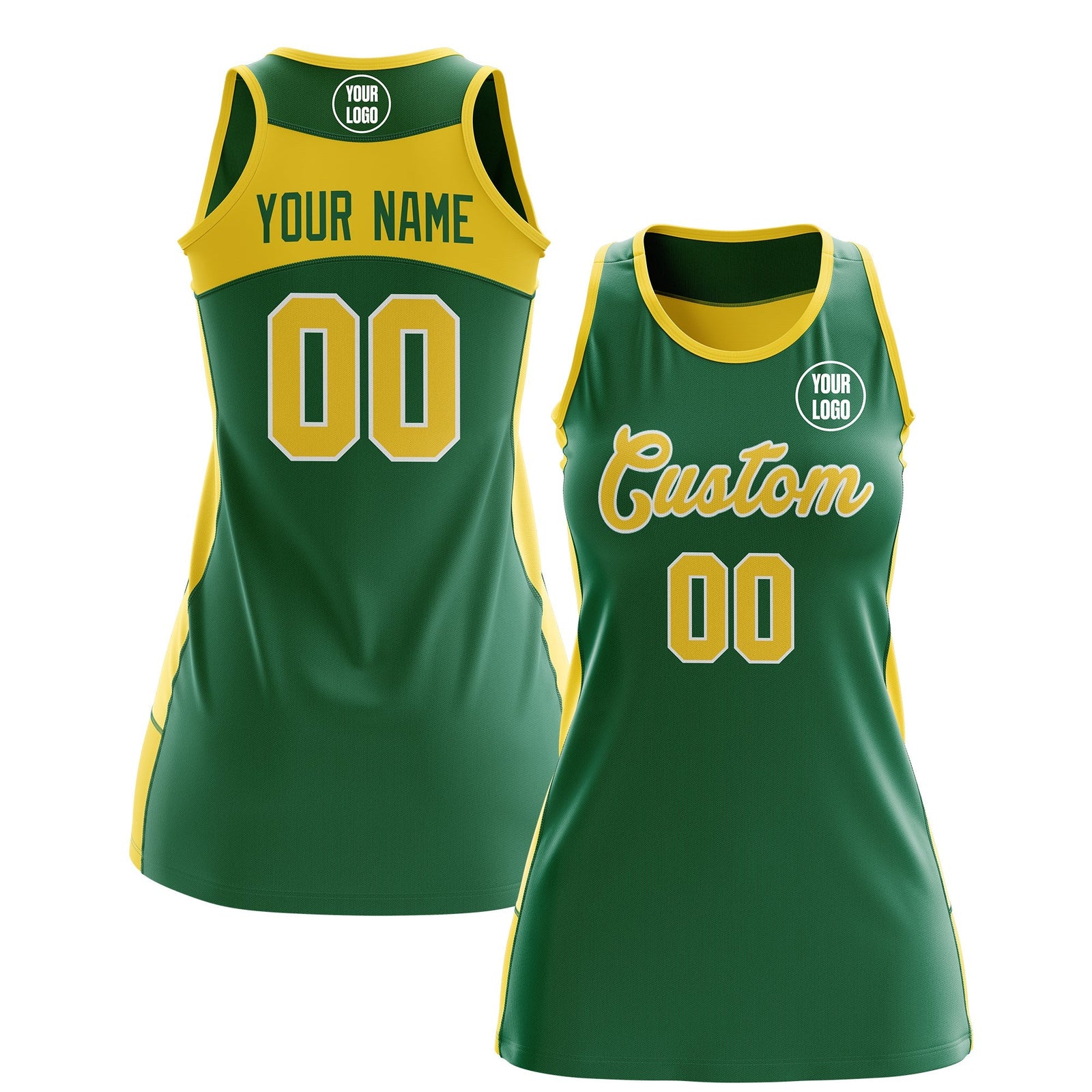 Custom Netball Dress | Kelly Green Gold Classic Style Two-Tone Professional Team Uniforms