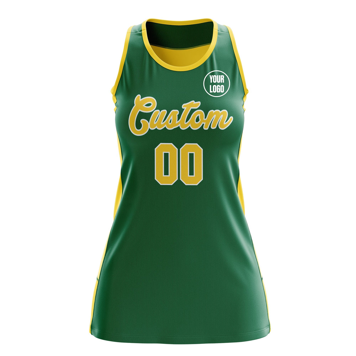 Custom Netball Dress | Kelly Green Gold Classic Style Two-Tone Professional Team Uniforms