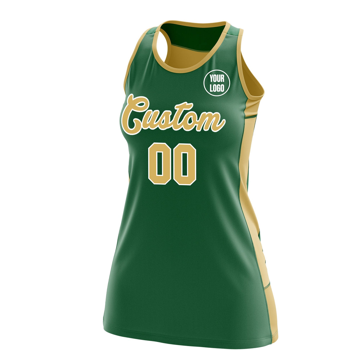Custom Netball Dress | Kelly Green Old Gold Classic Style Two-Tone Match Day Uniform