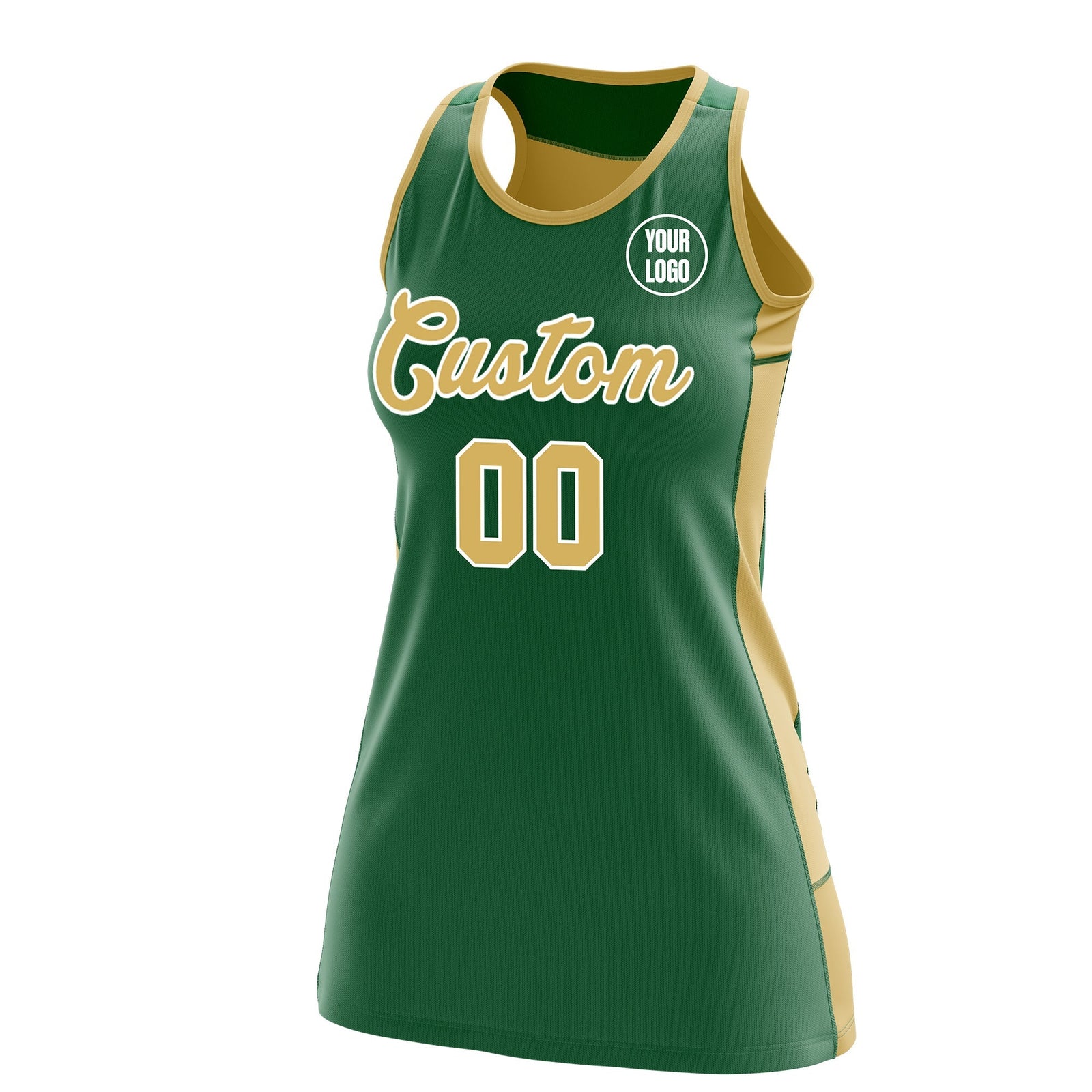 Custom Netball Dress | Kelly Green Old Gold Classic Style Two-Tone Match Day Uniform