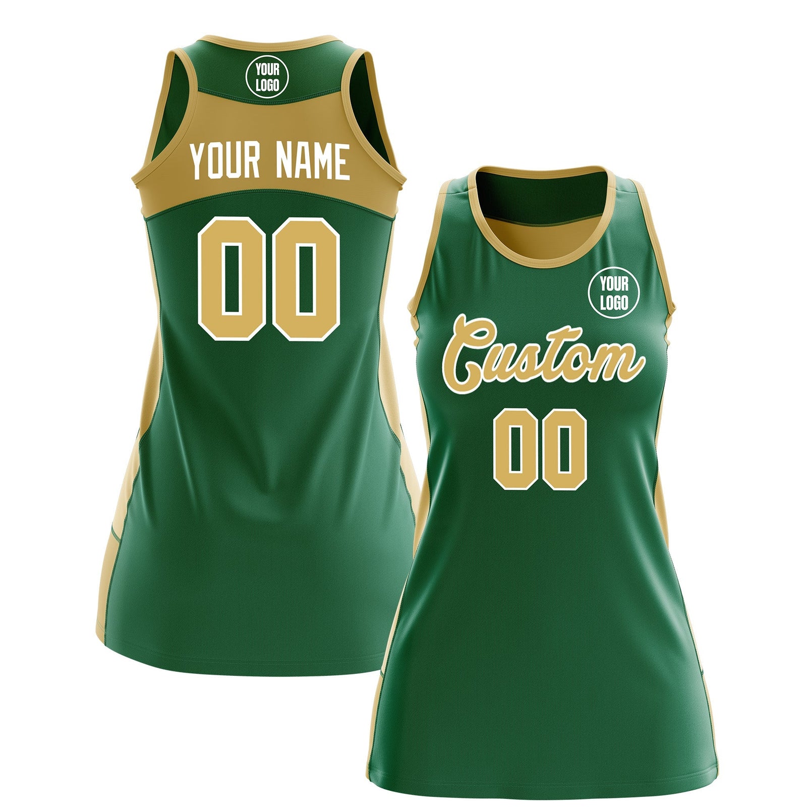 Custom Netball Dress | Kelly Green Old Gold Classic Style Two-Tone Match Day Uniform