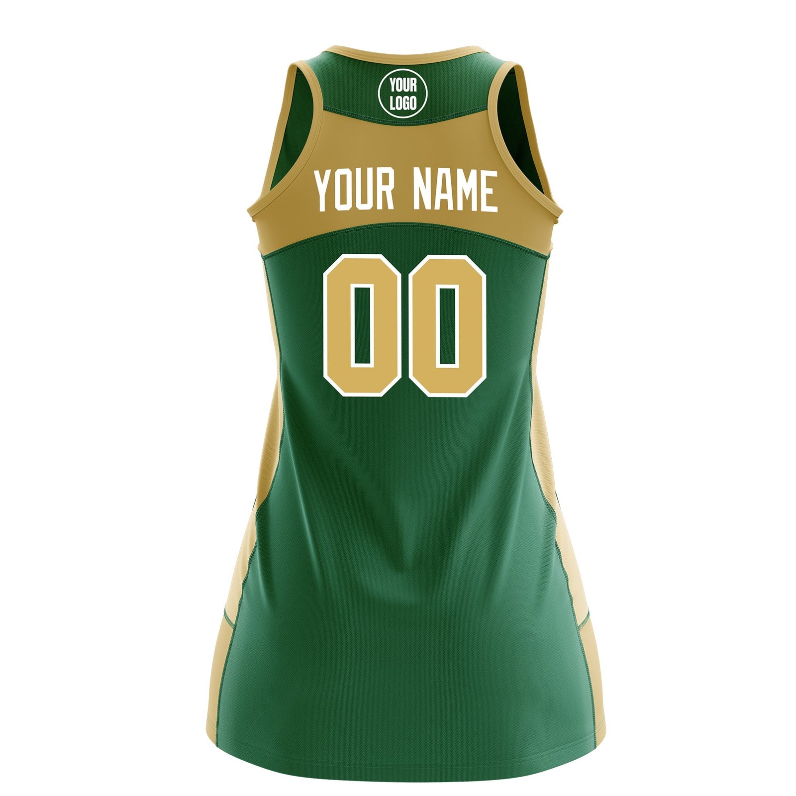 Custom Netball Dress | Kelly Green Old Gold Classic Style Two-Tone Match Day Uniform