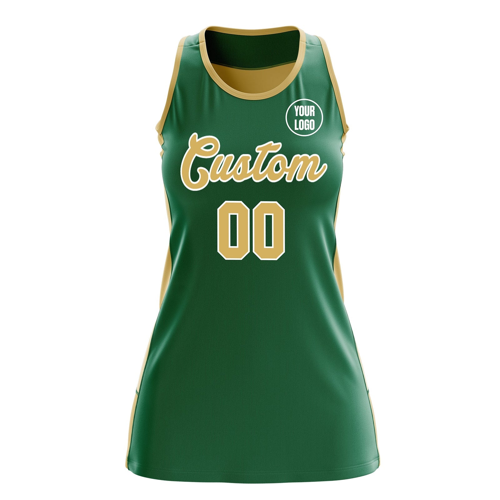 Custom Netball Dress | Kelly Green Old Gold Classic Style Two-Tone Match Day Uniform
