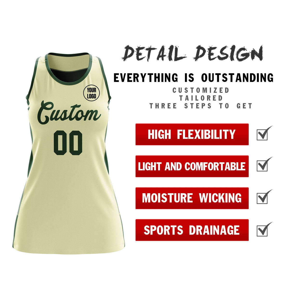 Custom Netball Dress | Cream Green Classic Style Two-Tone Breathable Performance Sportswear
