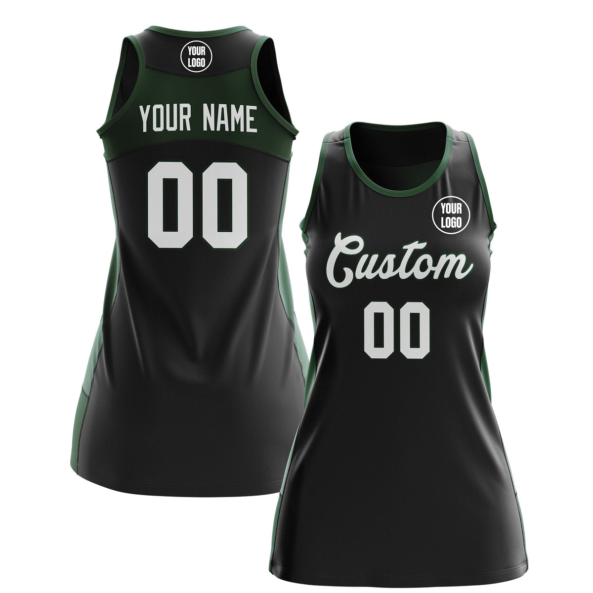 Custom Netball Dress | Black Green Classic Style Two-Tone Breathable Performance Sportswear