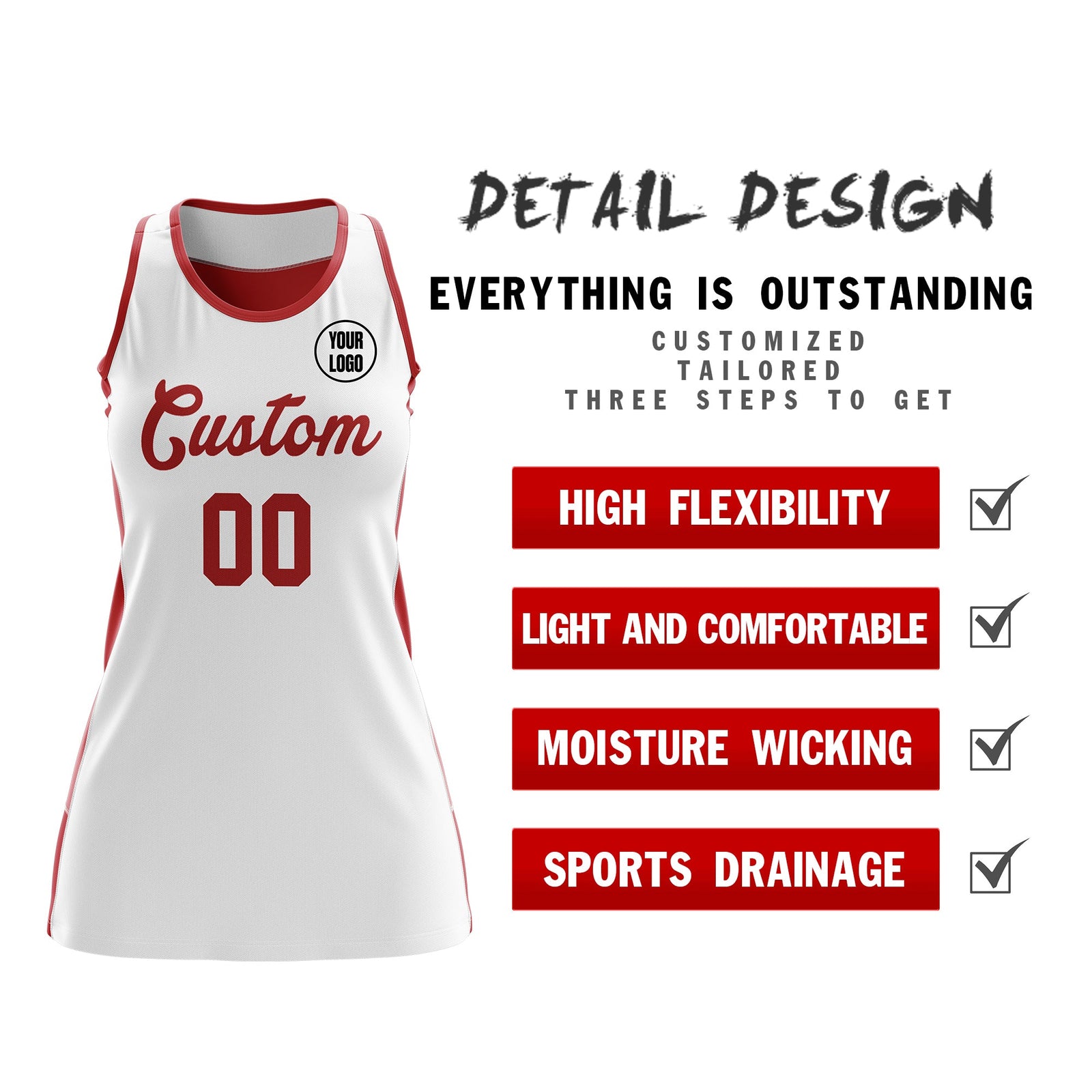 Custom Netball Dress | White Red Classic Style Two-Tone Professional Team Uniforms