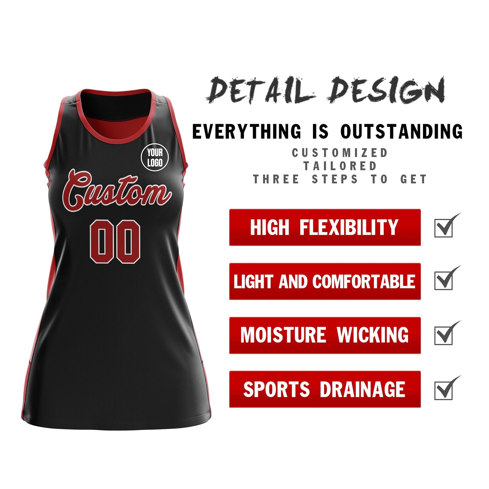 Custom Netball Dress | Black Red Classic Style Two-Tone Breathable Performance Sportswear