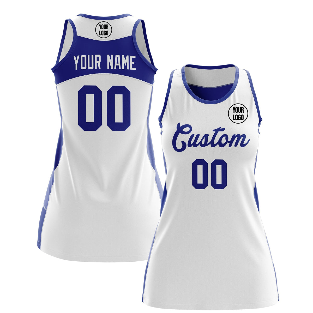 Custom Netball Dress | White Royal Blue Classic Style Two-Tone Match Day Uniform