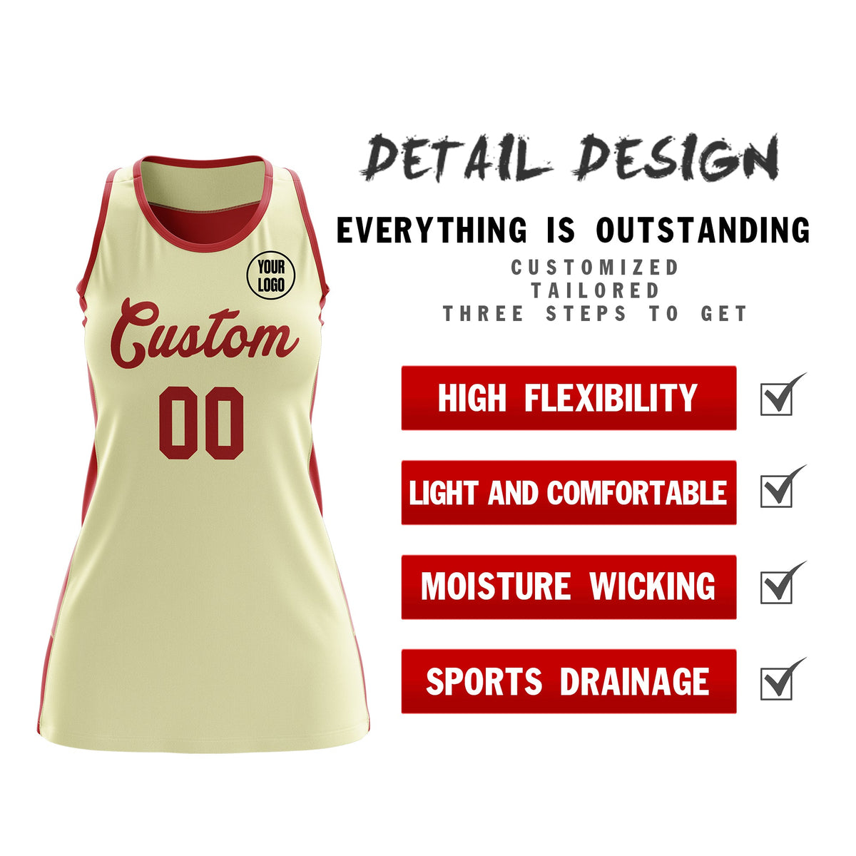 Custom Netball Dress | Cream Red Classic Style Two-Tone Breathable Performance Sportswear