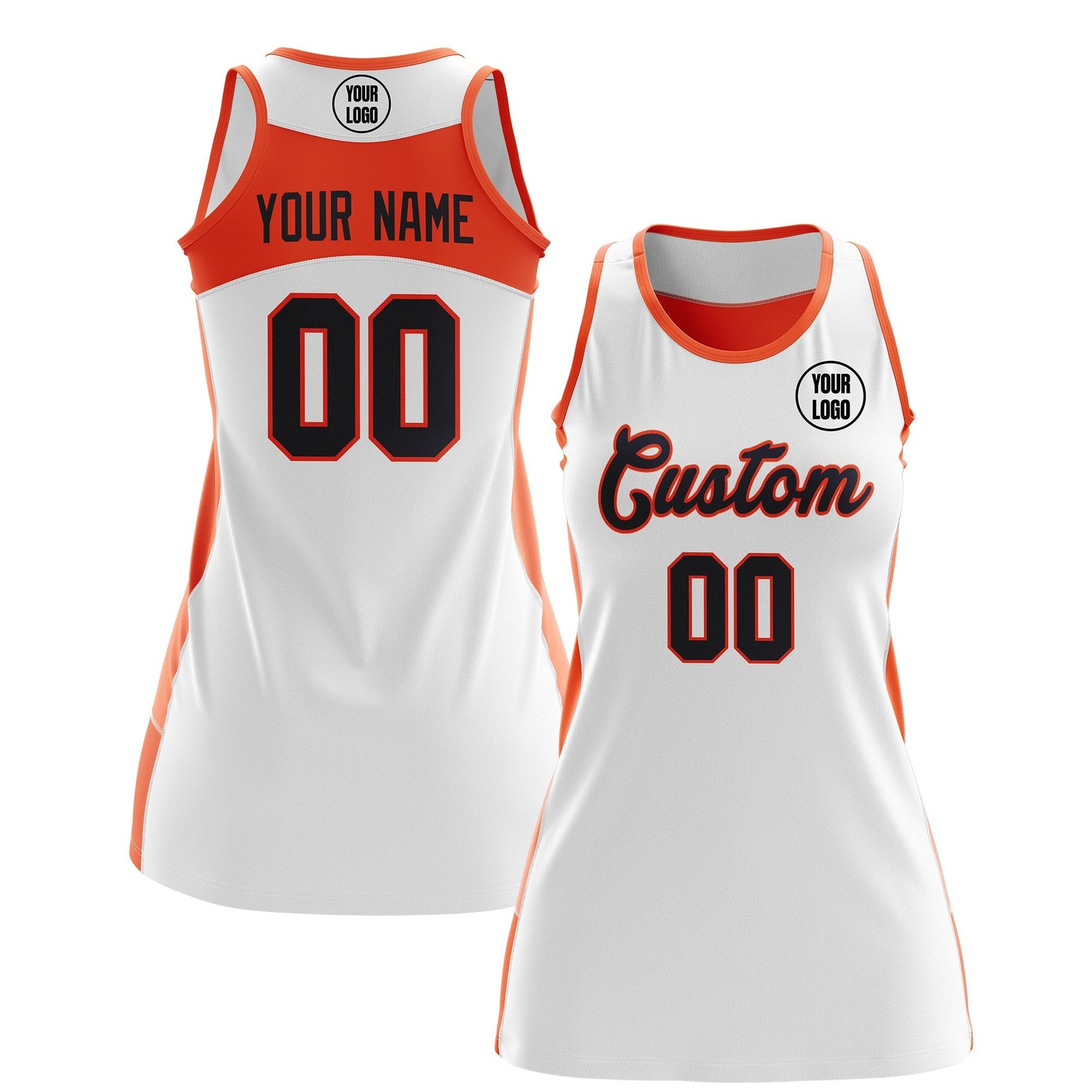 Custom Netball Dress | White Orange Classic Style Two-Tone Breathable Performance Sportswear