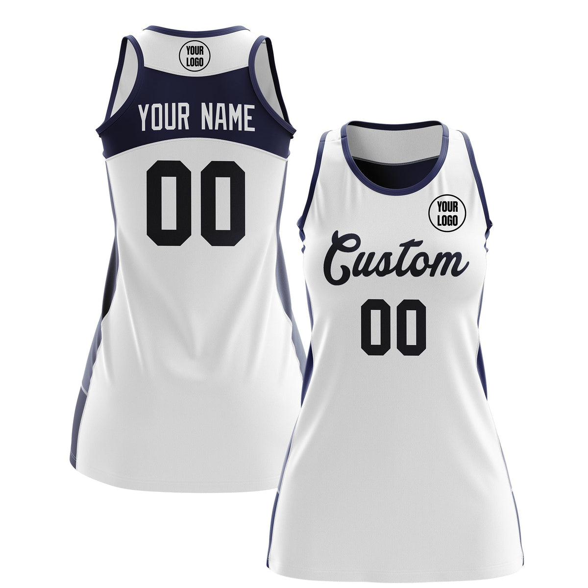 Custom Netball Dress | White Navy Classic Style Two-Tone Match Day Uniform