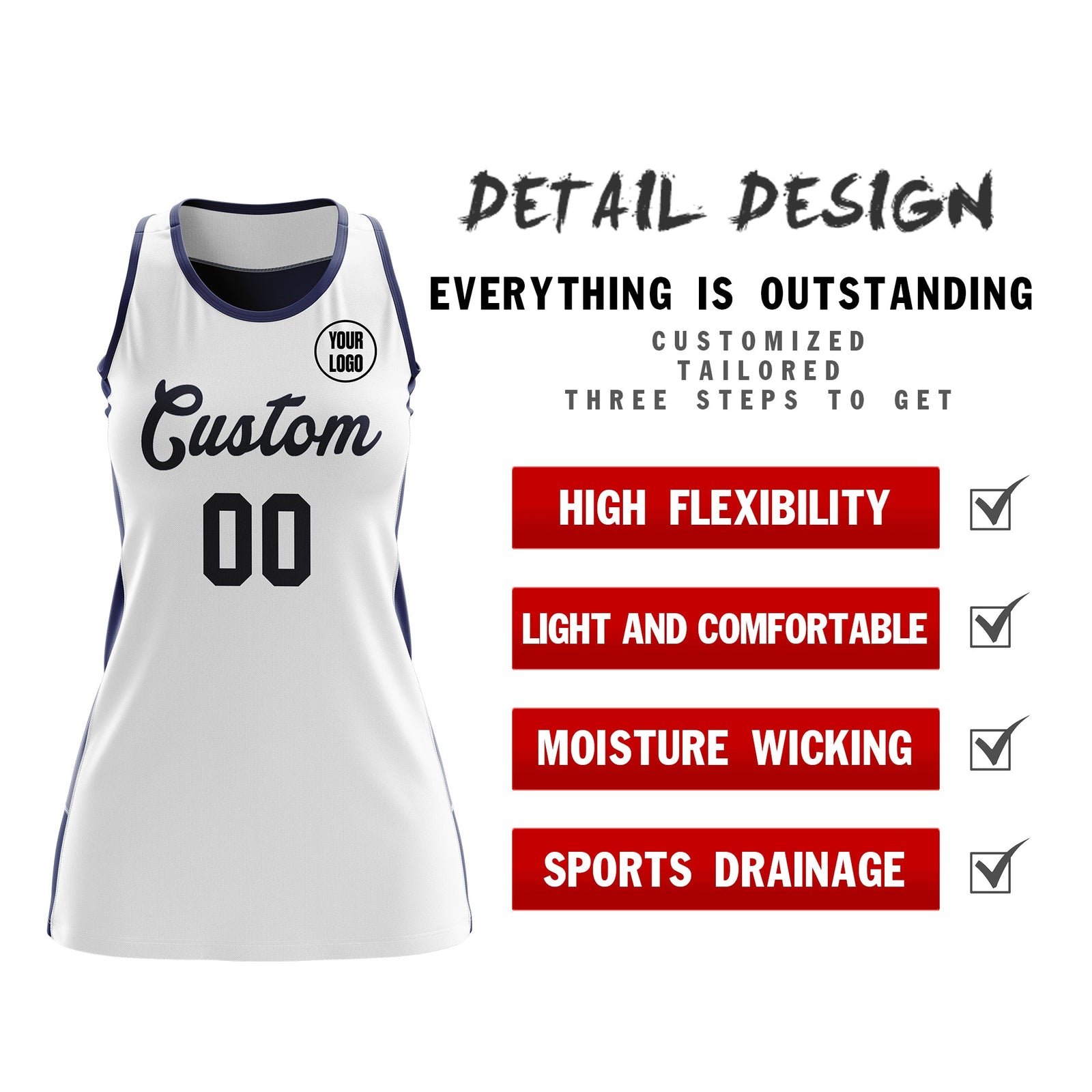 Custom Netball Dress | White Navy Classic Style Two-Tone Match Day Uniform