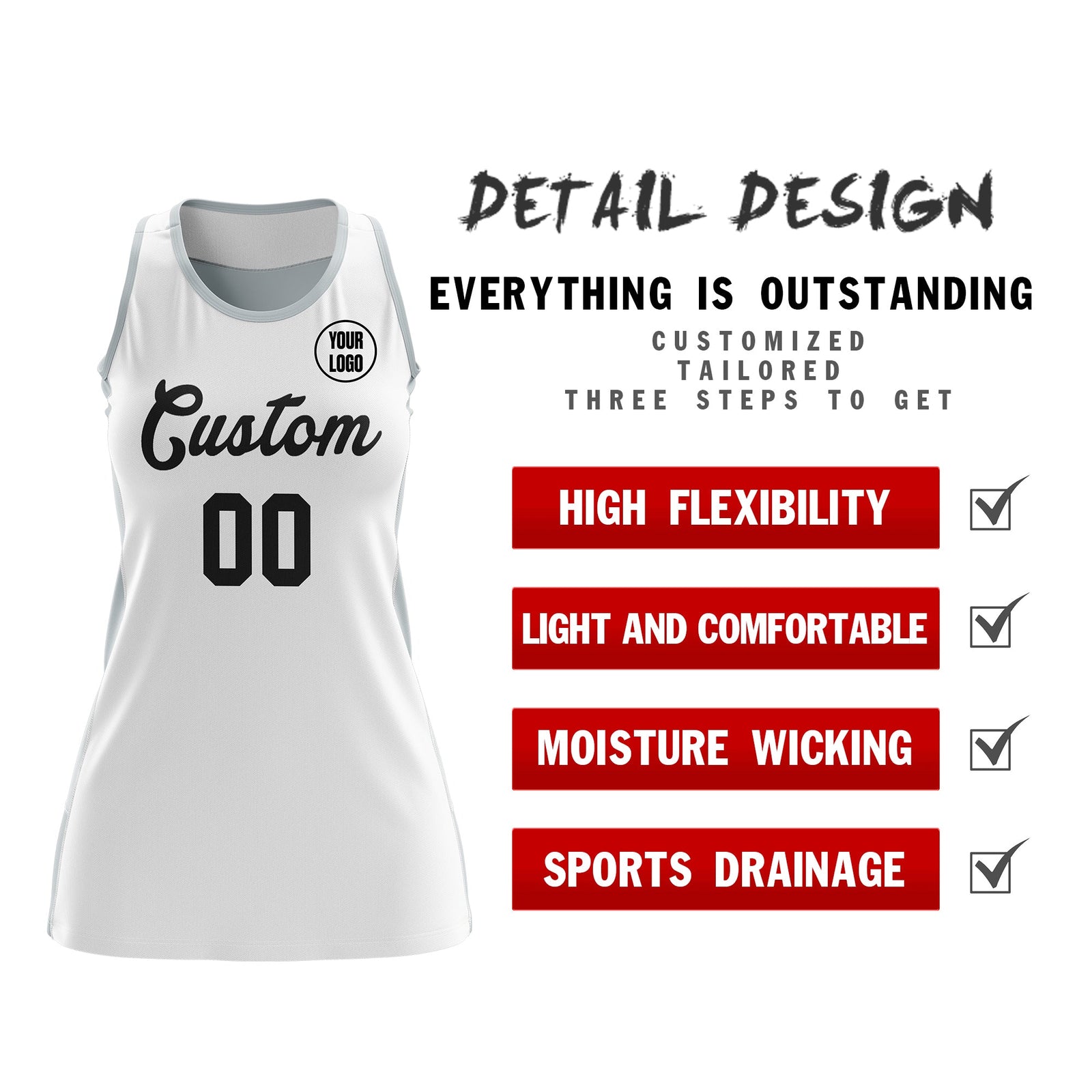 Custom Netball Dress | White Silver Classic Style Two-Tone Match Day Uniform