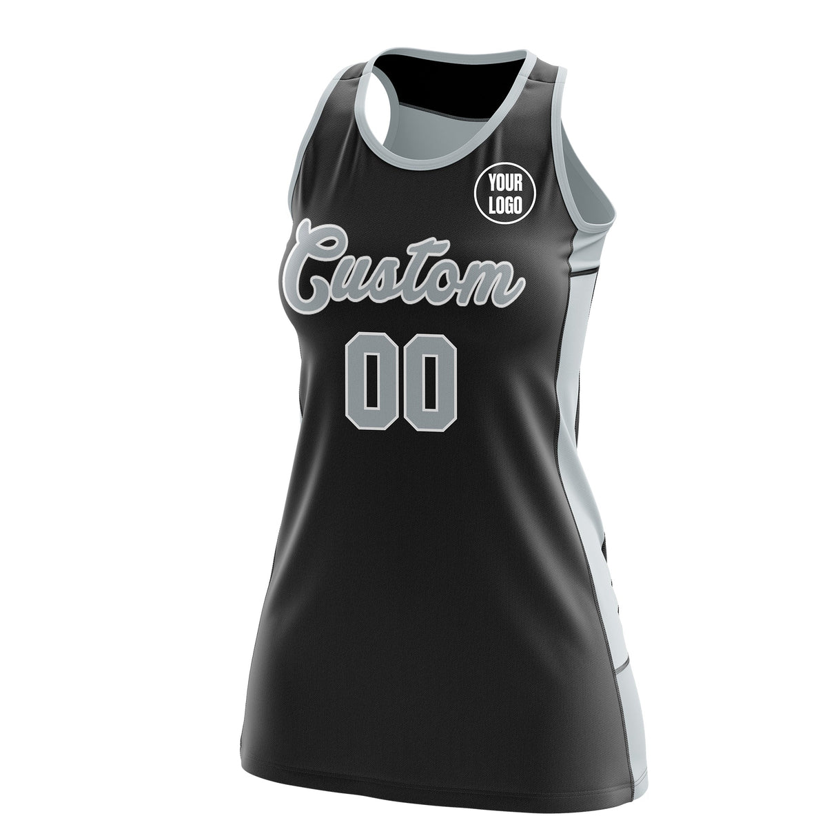 Custom Netball Dress | Black Silver Classic Style Two-Tone Professional Team Uniforms
